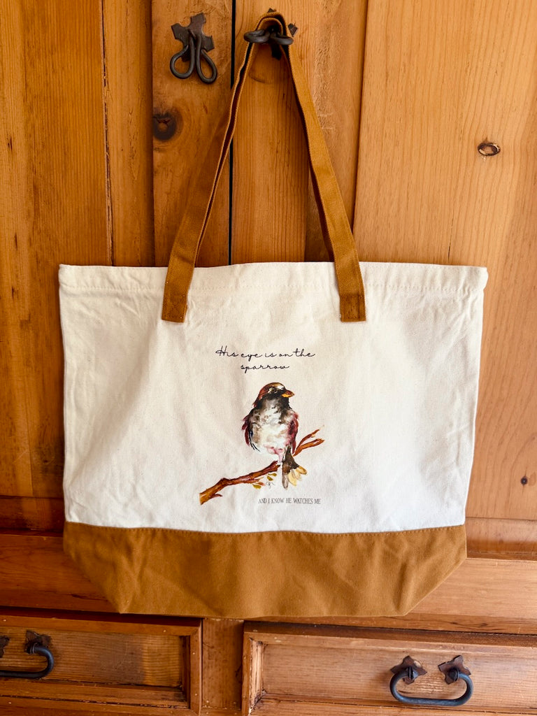 Canvas Bag with original 'His Eye is on the Sparrow' watercolor art by Charissa